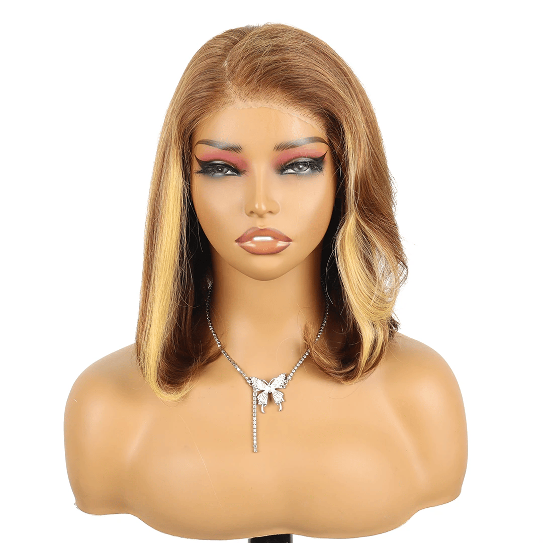 Perruque courte en dentelle prédécoupée sans colle, 12 pouces, blond caramel mélangé, 5x5, sans colle, dégradée, sans colle, perruque courte en dentelle caramel 