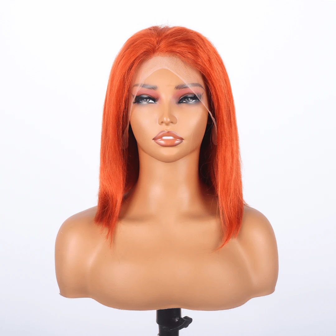 Perruque courte Bob Lace Front Wig 33x10 cm, cheveux humains, coupe au carré, couleur orange roux, ligne de cheveux naturelle, 350 