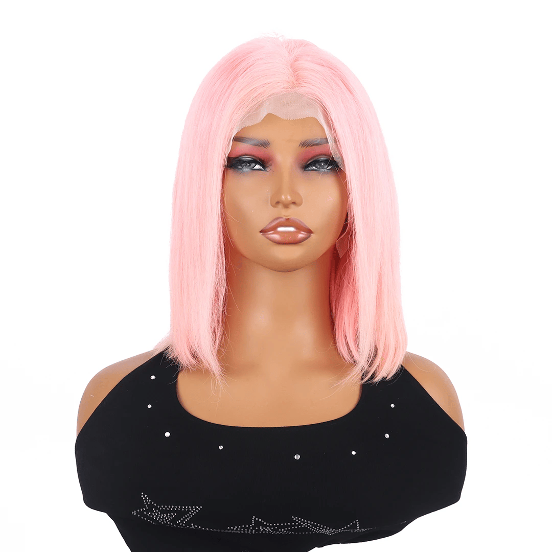 Perruque Bob rose tendance et lisse, 100 % cheveux naturels, coupe courte avec dentelle frontale de 13 x 4 cm 