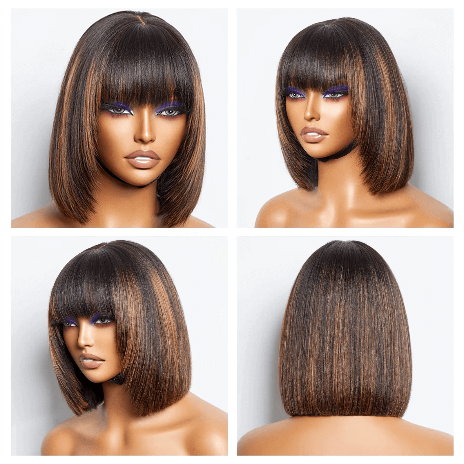 Just $9.9! Glueless Bob Wig w/ Bangs (Highlight Brown)