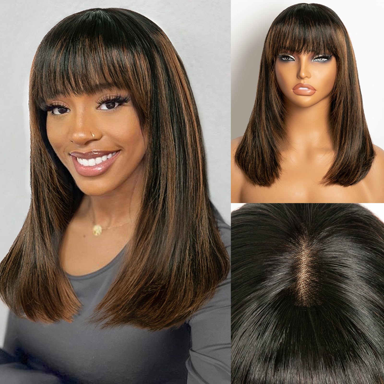1/B30 Color Brown Hightlight Wig Glueless Lace Wig Breathable Cap Put On and Go
