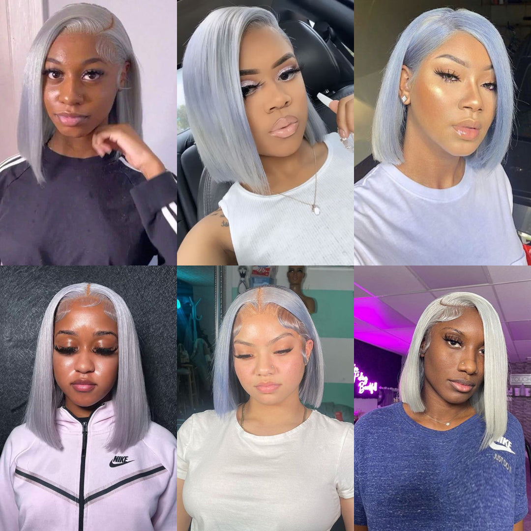 Rovess 13x4 Silver Grey Minimalist Lace Bob Wig Grey Wig Human Hair 10 Inch Silver Human Hair Wig 100% Real Human Hair