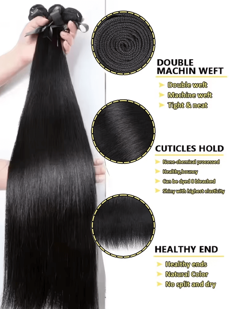 Rovess 34Inch Natural Black Straight Hair Bundles Luxury Salon Brazilian  100% Human Hair Bundles Glossy Hair bundles 4 Bundles