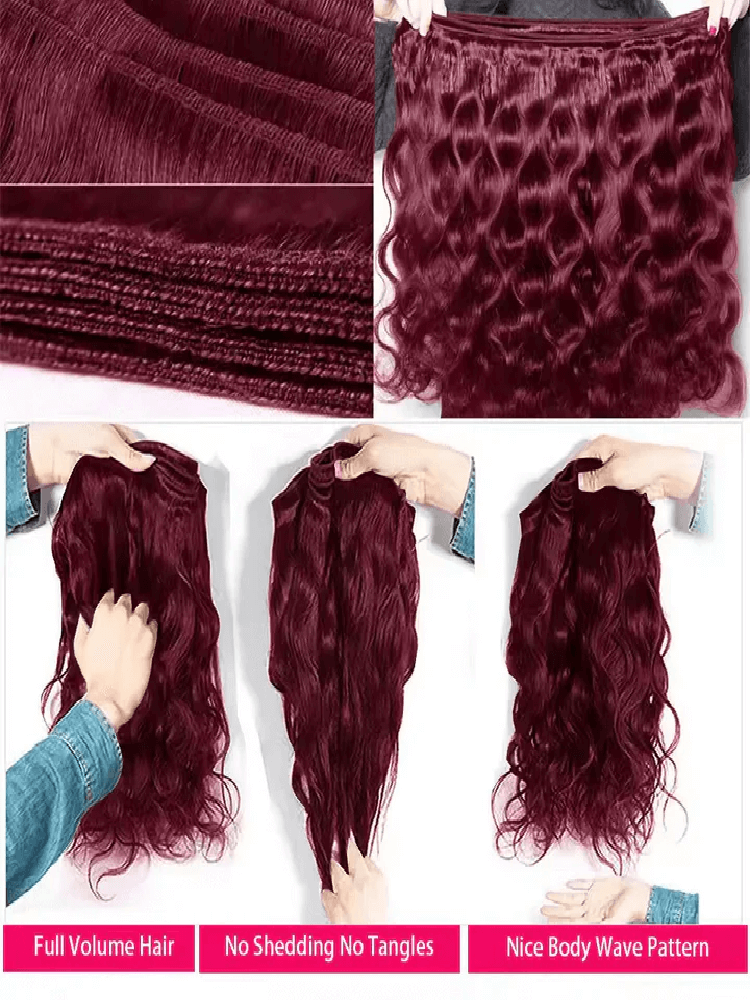 Cheveux humains ondulés Rovess 30 30 30 30 pouces 99j rouge bordeaux, lot de 4 