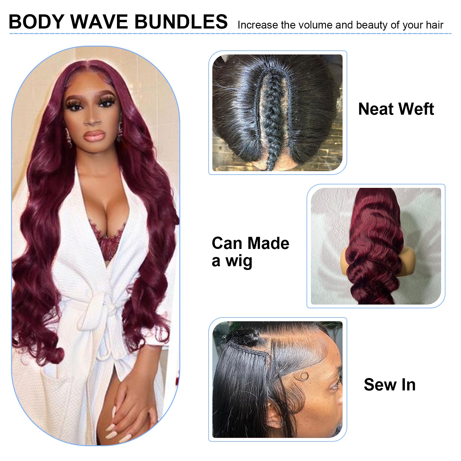 100% Real Human Hair Virgin Peruvian 99J Burgundy Body Wave Bundles – 16–34 Inch, 4-Pack Luxury Set, Silky & Full, 80–100g Each, Bold & Vibrant Wine Red Color