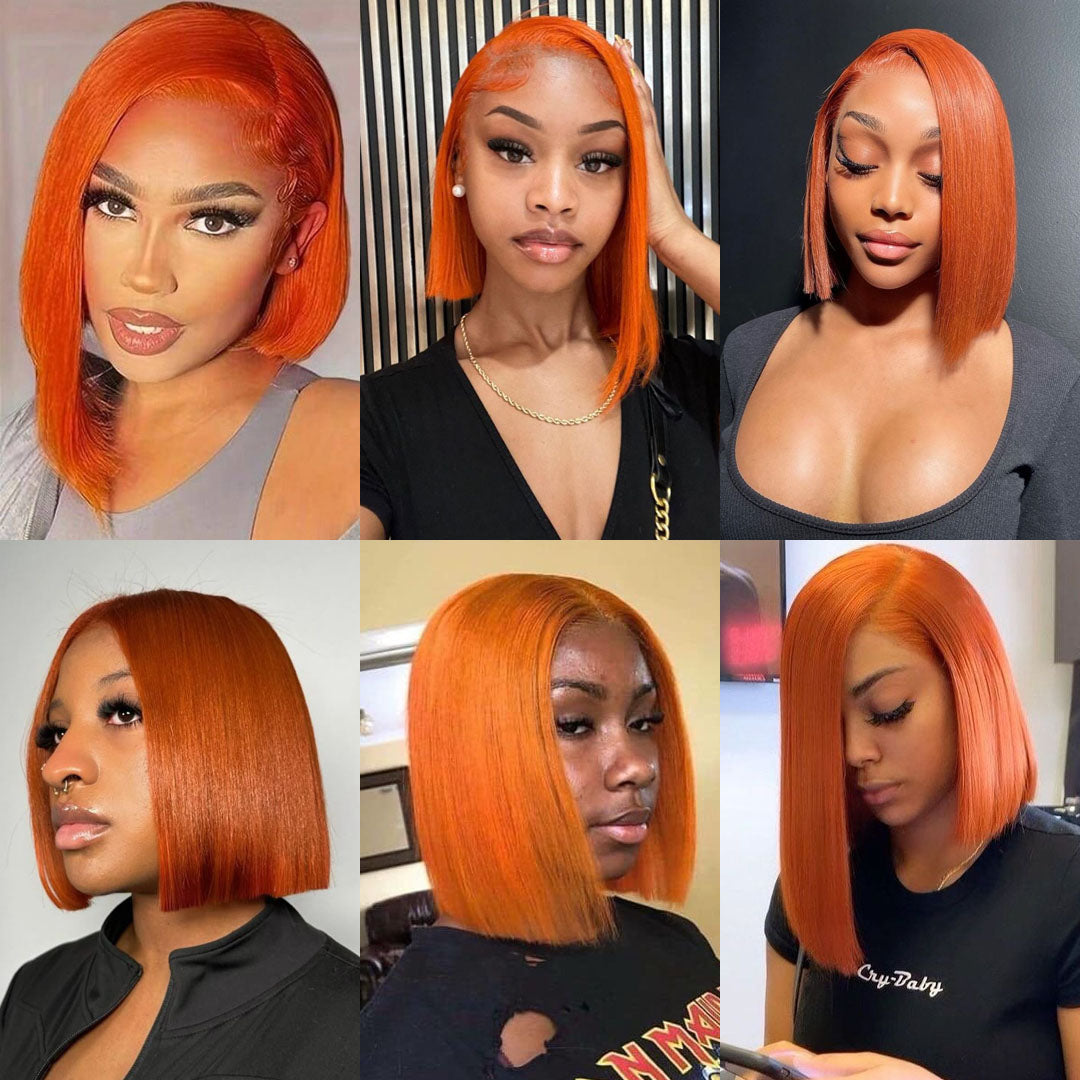 Perruque courte Bob Lace Front Wig 33x10 cm, cheveux humains, coupe au carré, couleur orange roux, ligne de cheveux naturelle, 350 