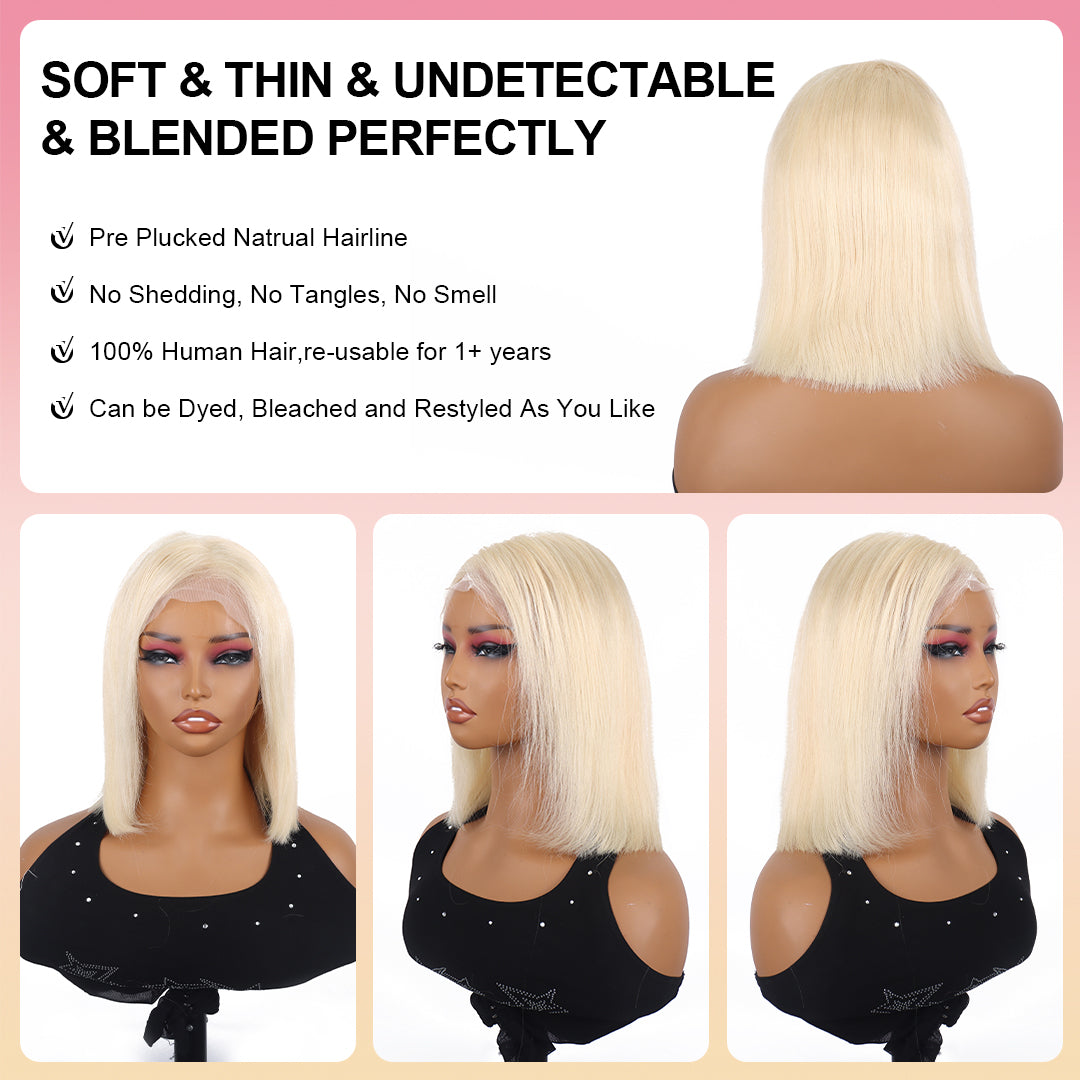 Perruque Lace Front Wig 613 Blonde Soyeuse Lisse 13x4 Bob Perruque Cheveux Humains Courts Lisse Lace Front Bob Perruques Cheveux Humains pour Femmes Noires 