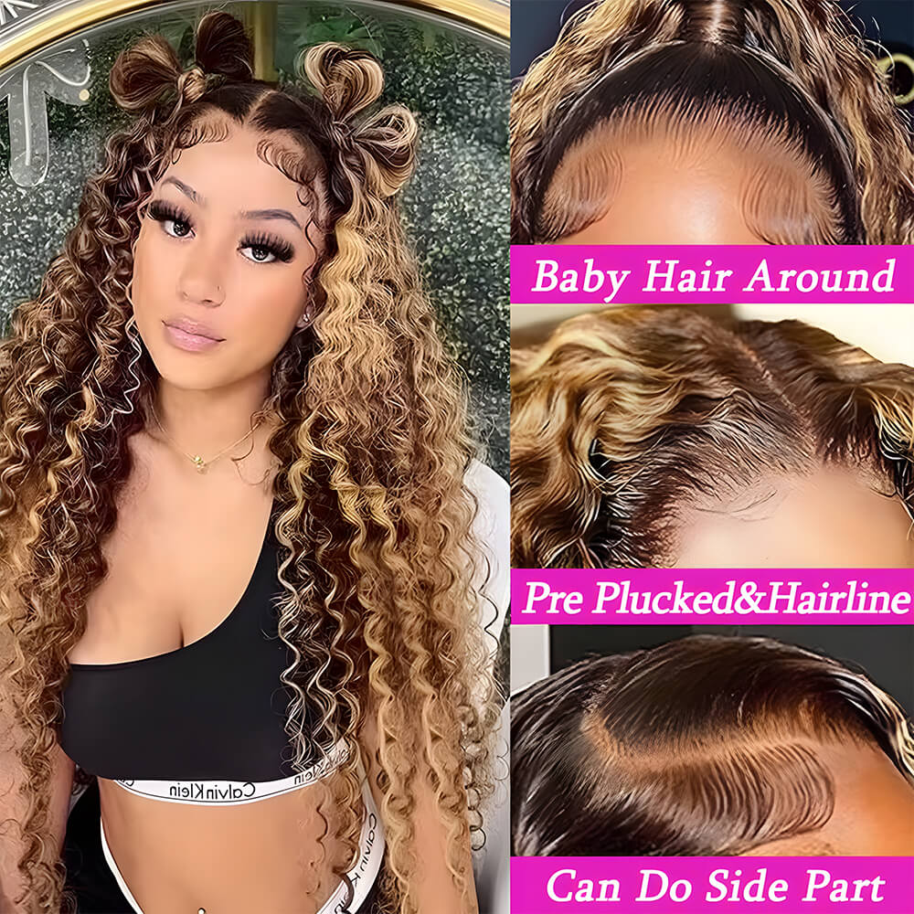 4/27 Highlight Ombre Curly Wigs 100% Brazilian Human Hair 13x6 Hd Lace Frontal Wig Honey Blonde 13x4 Deep Wave Human Hair For Women