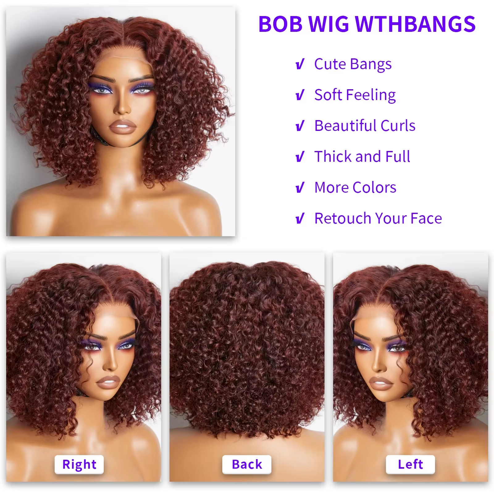 Curly Bob Wig Brazilian kinky curly 14 Inch Lace Front Human Hair Wigs Reddish Brown Deep Curly Wig Remy Hair jerry Curly
