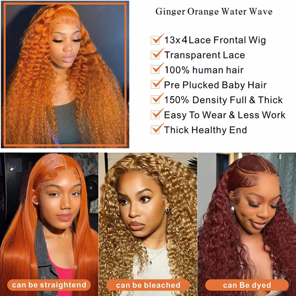 350 Ginger Orange Water Wave #350 Colored 13x4 5x5 Lace Front Wig Human Hair for Women Guluess Deep Curly Wigs Pre Plucked