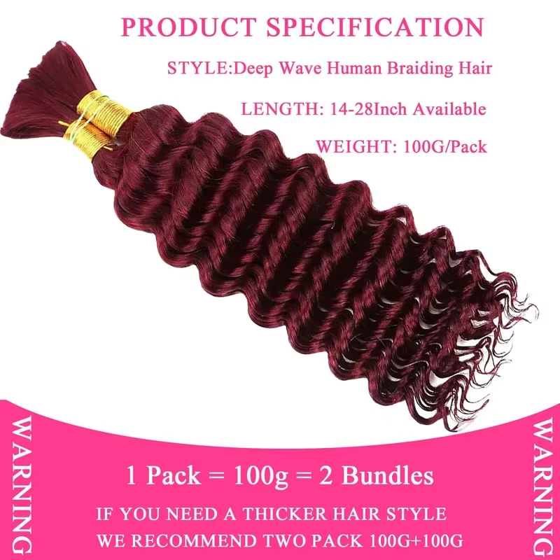 99J Burgundy Human Braiding Hair Deep Wave Bulk, No Weft Curly Braiding Hair Extensions for Boho Braids Wet and Wavy Braiding