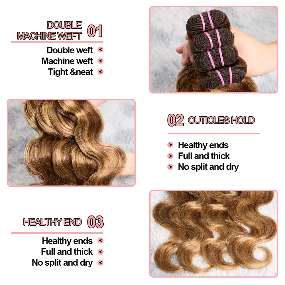 26 Inch Body Wave 4/27 Highlight 4 Bundles Human Hair Honey Brown Colored Brazilian Raw Hair Weave Human Hair Bundles Extensions