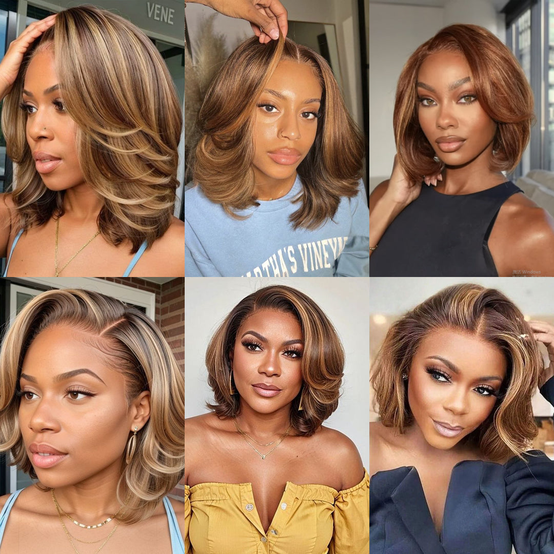 Perruque courte en dentelle prédécoupée sans colle, 12 pouces, blond caramel mélangé, 5x5, sans colle, dégradée, sans colle, perruque courte en dentelle caramel 