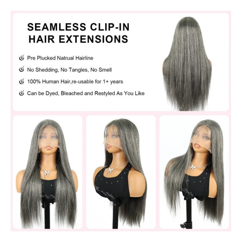 Rovess 13x4 Lace Front  Salt and Pepper Straight Wig Human Hair Gray Colored Lace Frontal Human Hair Wig Pre Plucked