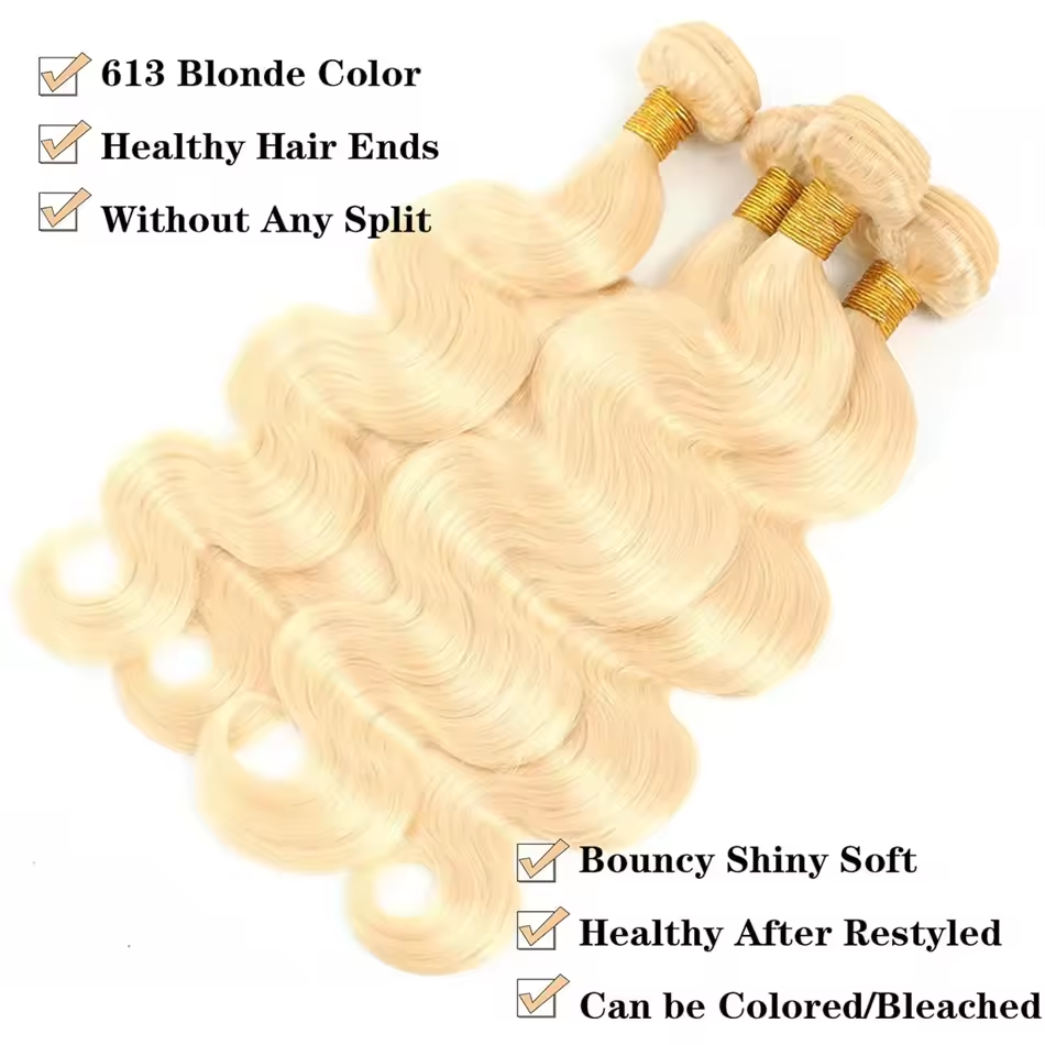 Tissage brésilien vierge Body Wave blond 613 Rovess de 40 à 76 cm, lot de 4 