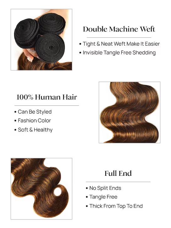 Rovess 16-30Inch 4/27 Highlight Body Wave Hair Bundles Virgin Brazilian Hair Weave 4 Bundles