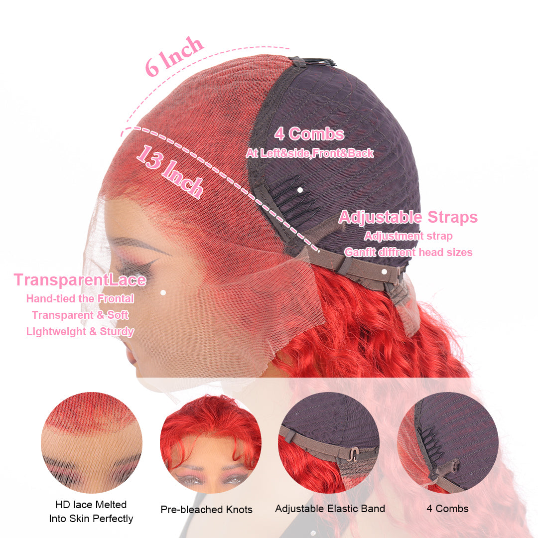 30 Inch Hot Red Lace Front Wigs Human Hair Red Deep Wave Human Hair Wigs 13x4 Lace Frontal Wigs Red Curly Wig For Black Women