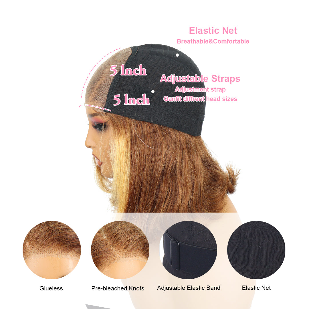 Perruque courte en dentelle prédécoupée sans colle, 12 pouces, blond caramel mélangé, 5x5, sans colle, dégradée, sans colle, perruque courte en dentelle caramel 