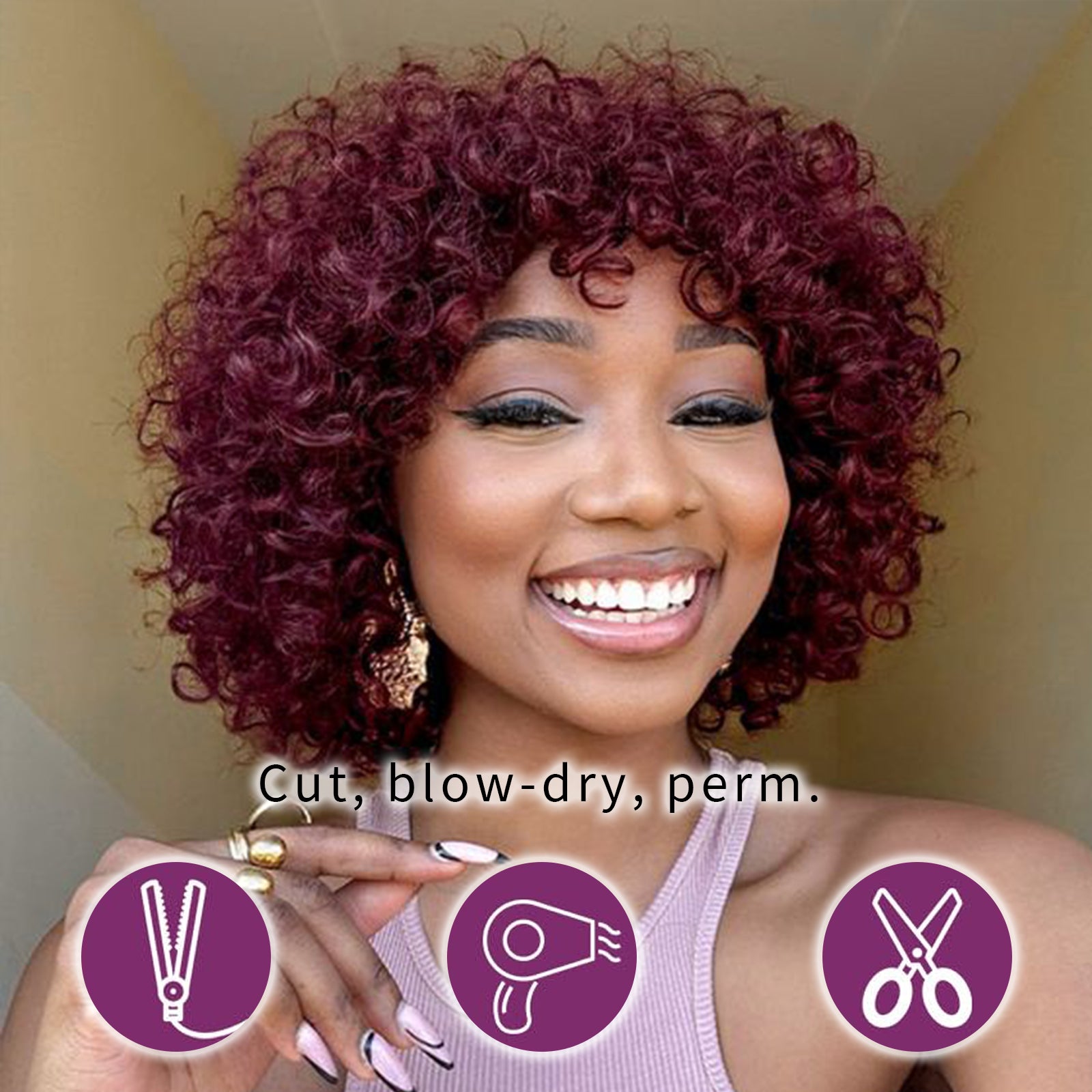 99J Burgundy Red Afro Kinky Fluffy Pixie Cut Short Curly Human Hair Wigs with Bangs Machine Made Real Hair Wigs