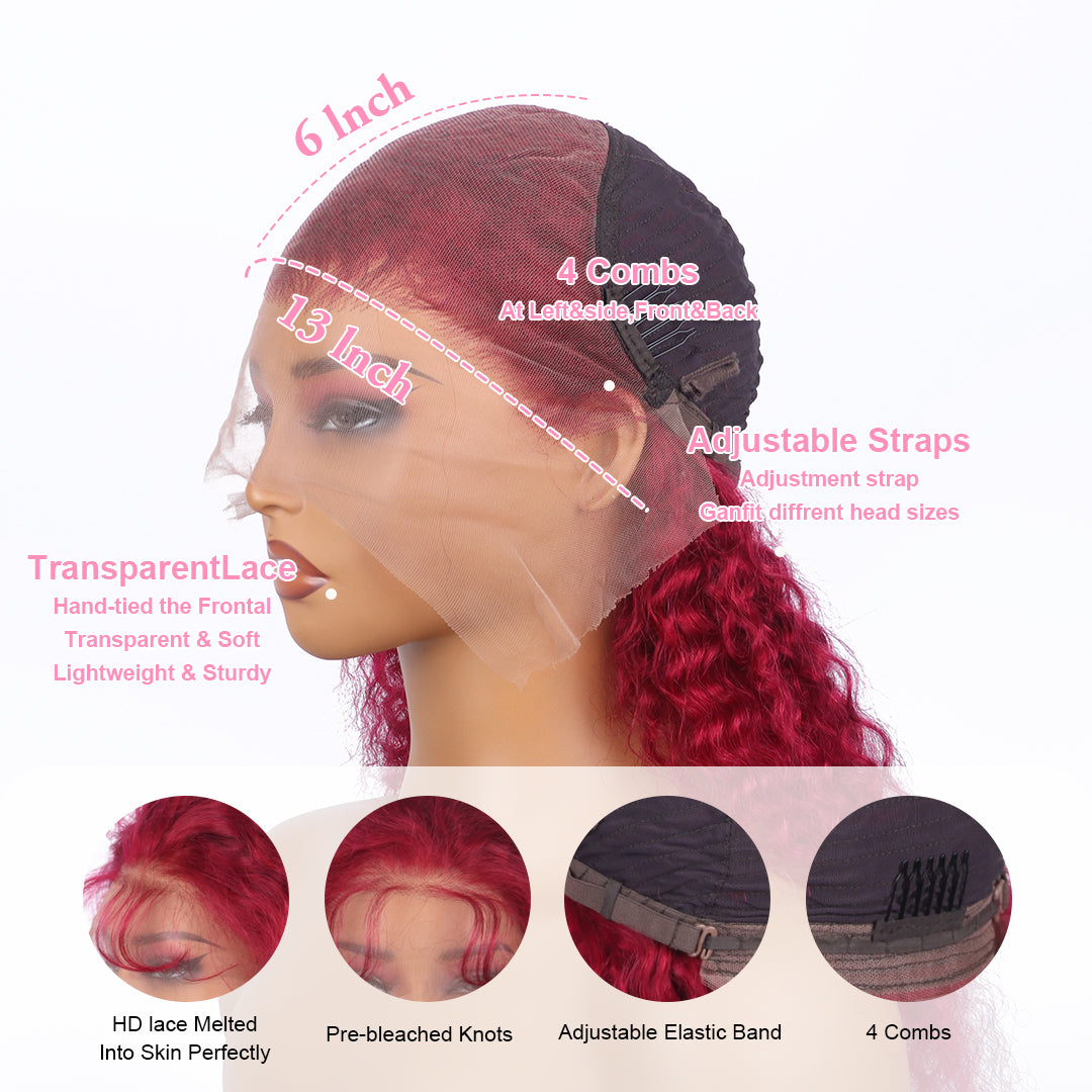 30 Inch 99j Burgundy Lace Front Wigs Human Hair Deep Wave 13x6 Lace Frontal Human Hair Wigs 99j Red Curly Wet And Wavy Wig﻿