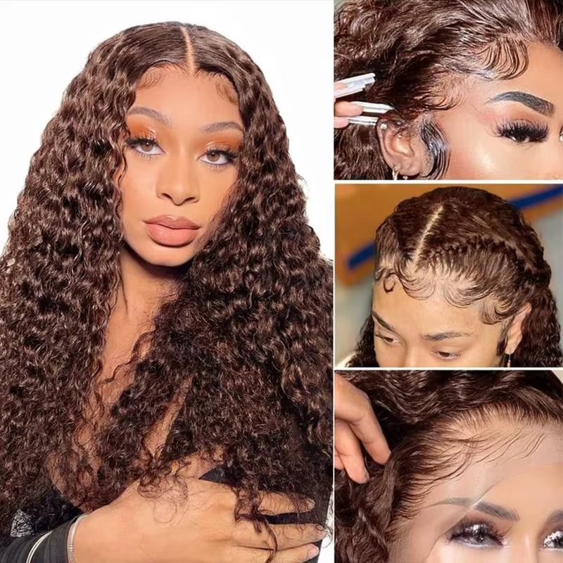 Hocolate Brown Curly Wigs 13X4 HD Human Hair Lace Frontal Wig 30 32 Inch Deep Wave Wig Human Hair Pre Plucked