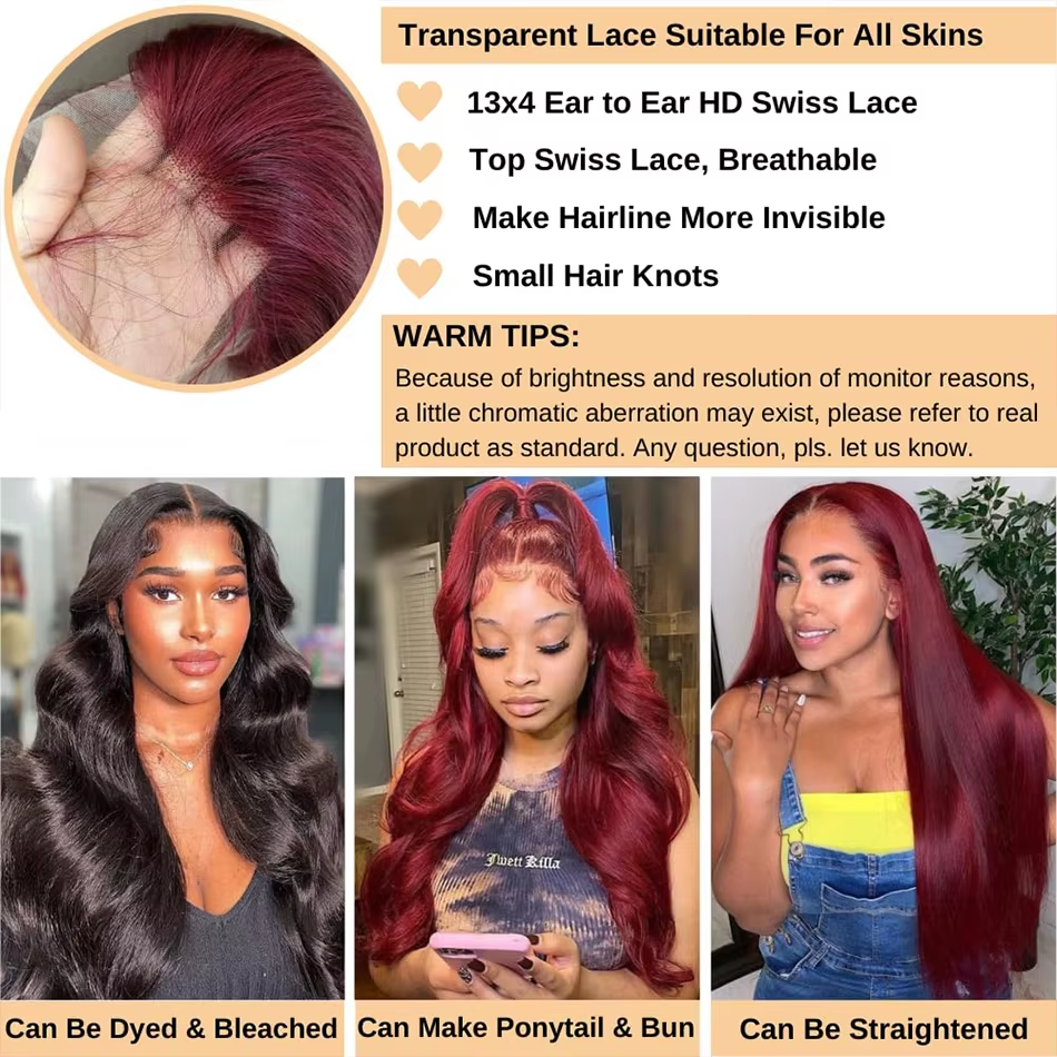 99j Burgundy Lace Front Human Hair Wig 18 Inch Lace Body Wave 13x4 HD Lace Frontal Wigs Human Hair For  Black Women
