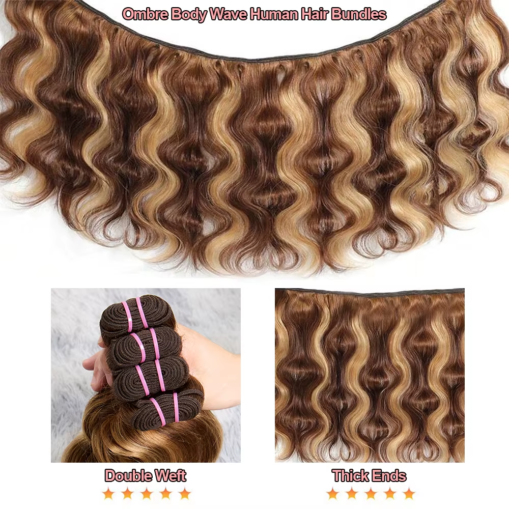 26 Inch Body Wave 4/27 Highlight 4 Bundles Human Hair Honey Brown Colored Brazilian Raw Hair Weave Human Hair Bundles Extensions