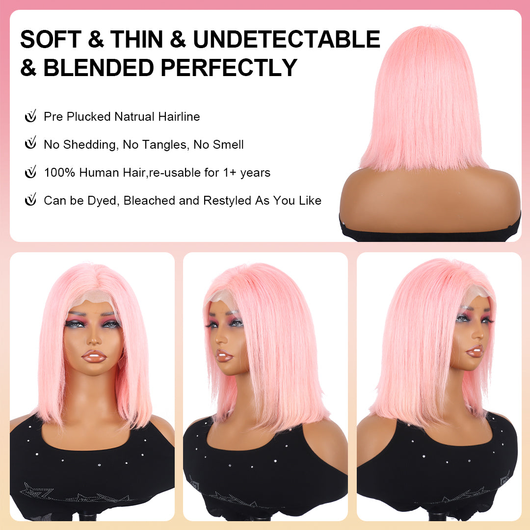 Perruque Bob rose tendance et lisse, 100 % cheveux naturels, coupe courte avec dentelle frontale de 13 x 4 cm 