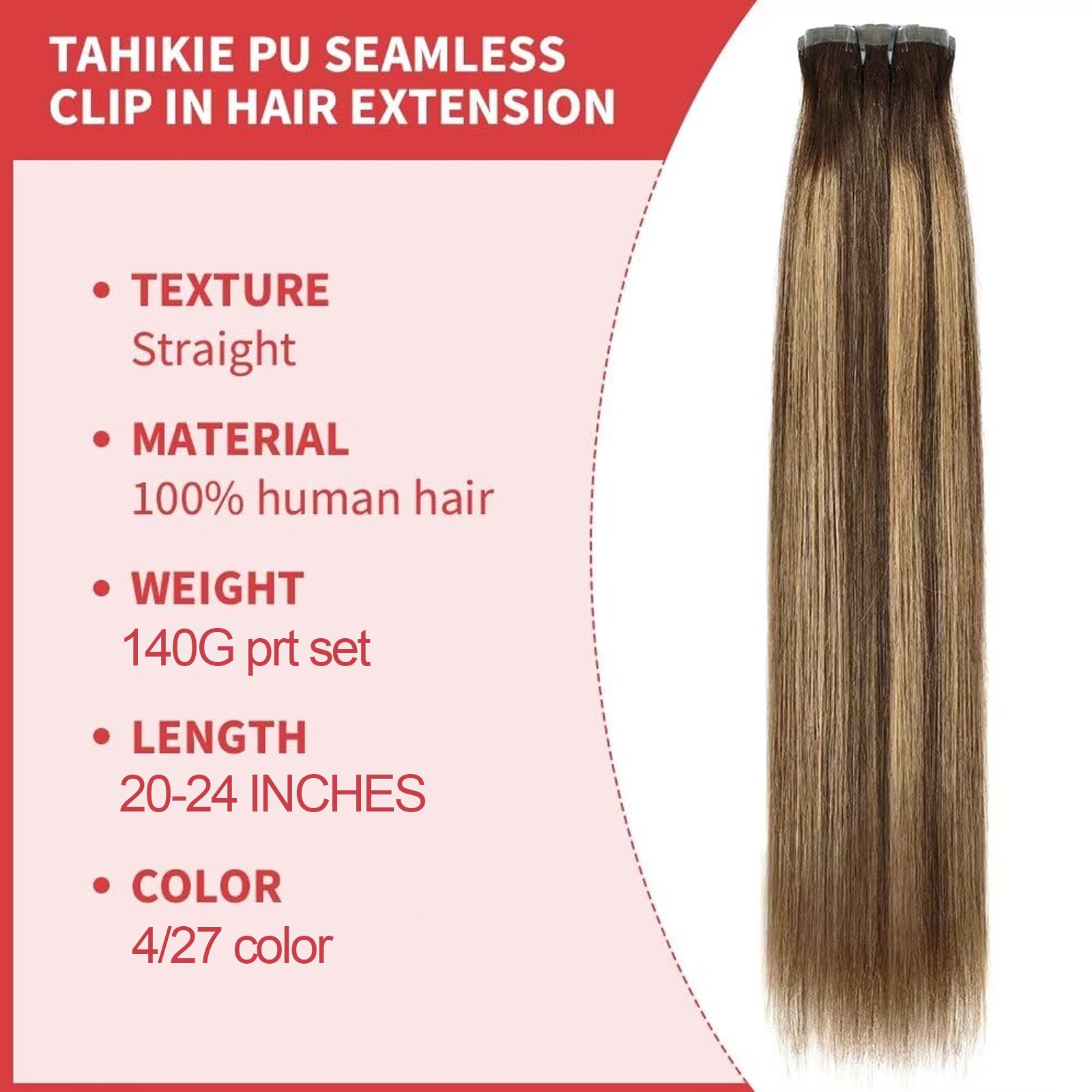 4/27 Highlight Clip in Hair Extension Human Hair 12A Human Hair Long Straight 22inch Clip in Extensions Human Hair