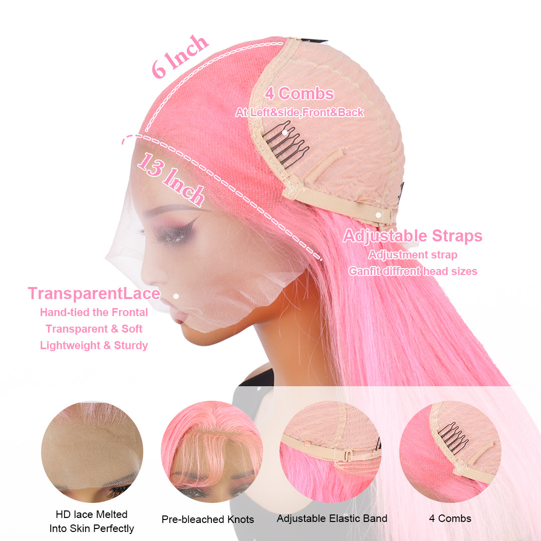 Perruque rose lisse en cheveux humains, 13x6, avec dentelle frontale, 30 pouces, pour femmes noires 