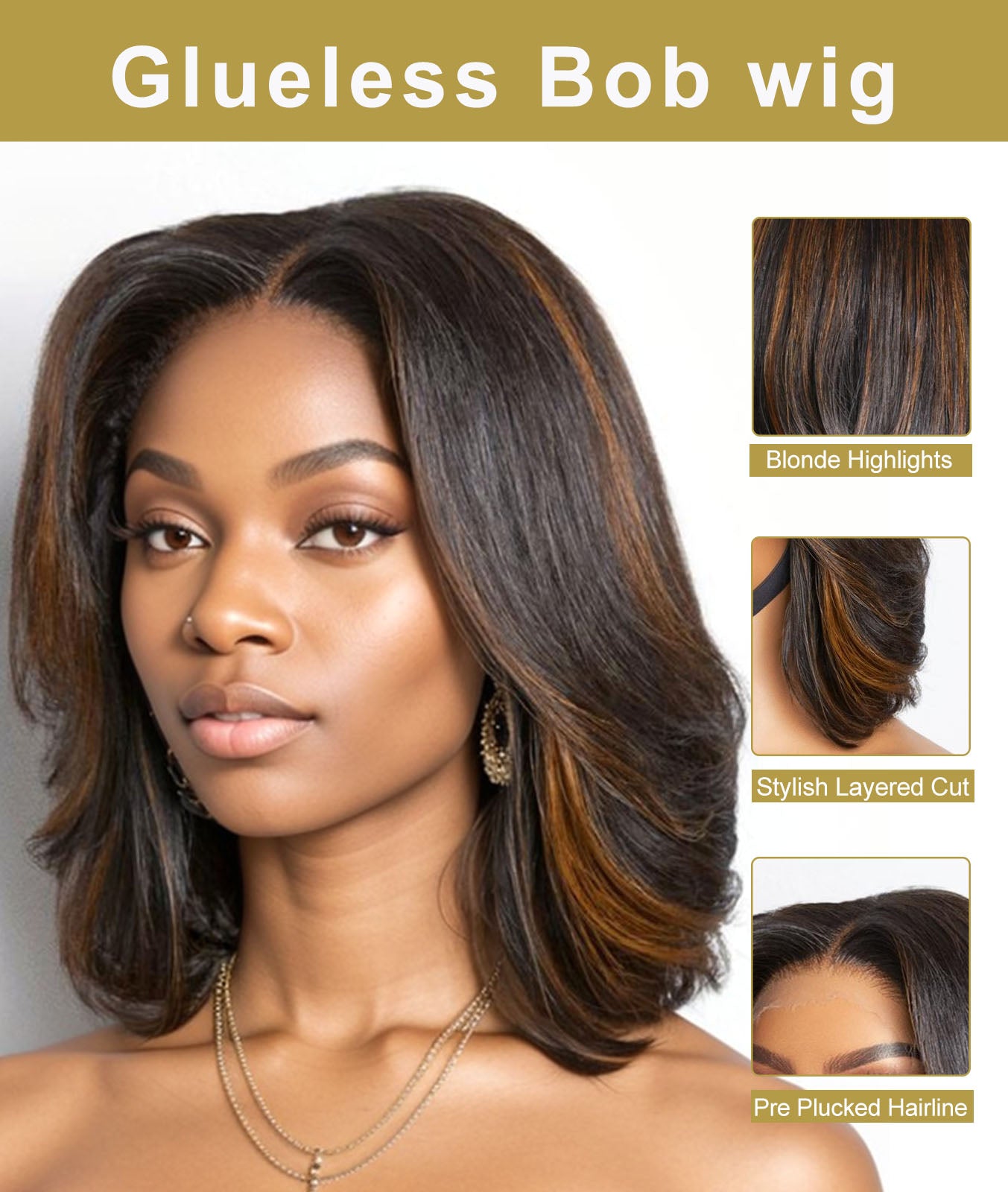 Rovess Black Mix Blonde Highlight Glueless 5x5 Closure Lace Stacked Bob Wig Put On and Go