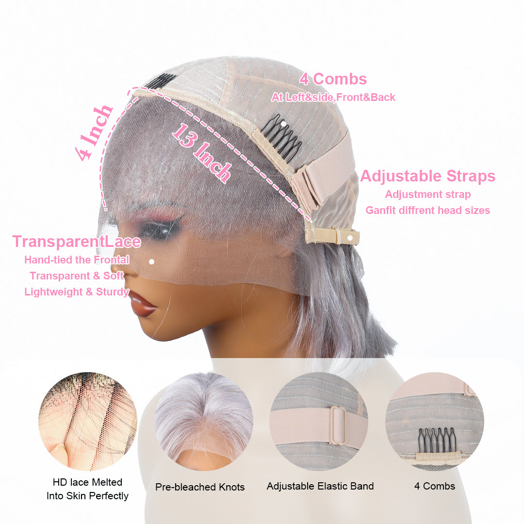Rovess 13x4 Silver Grey Minimalist Lace Bob Wig Grey Wig Human Hair 10 Inch Silver Human Hair Wig 100% Real Human Hair