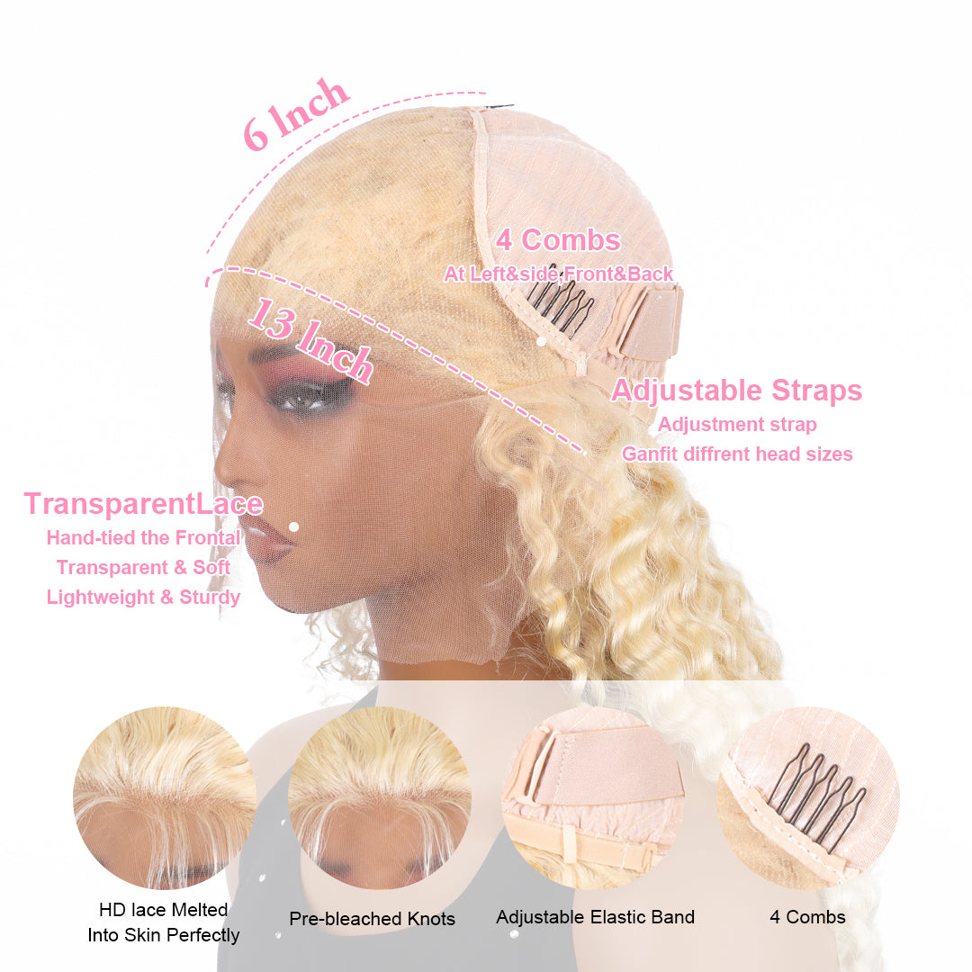 Perruque Lace Front Wig 613 de Rovess, cheveux humains blonds bouclés, ondulés profonds, 33 x 15 cm, cheveux naturels, pré-épilés. 