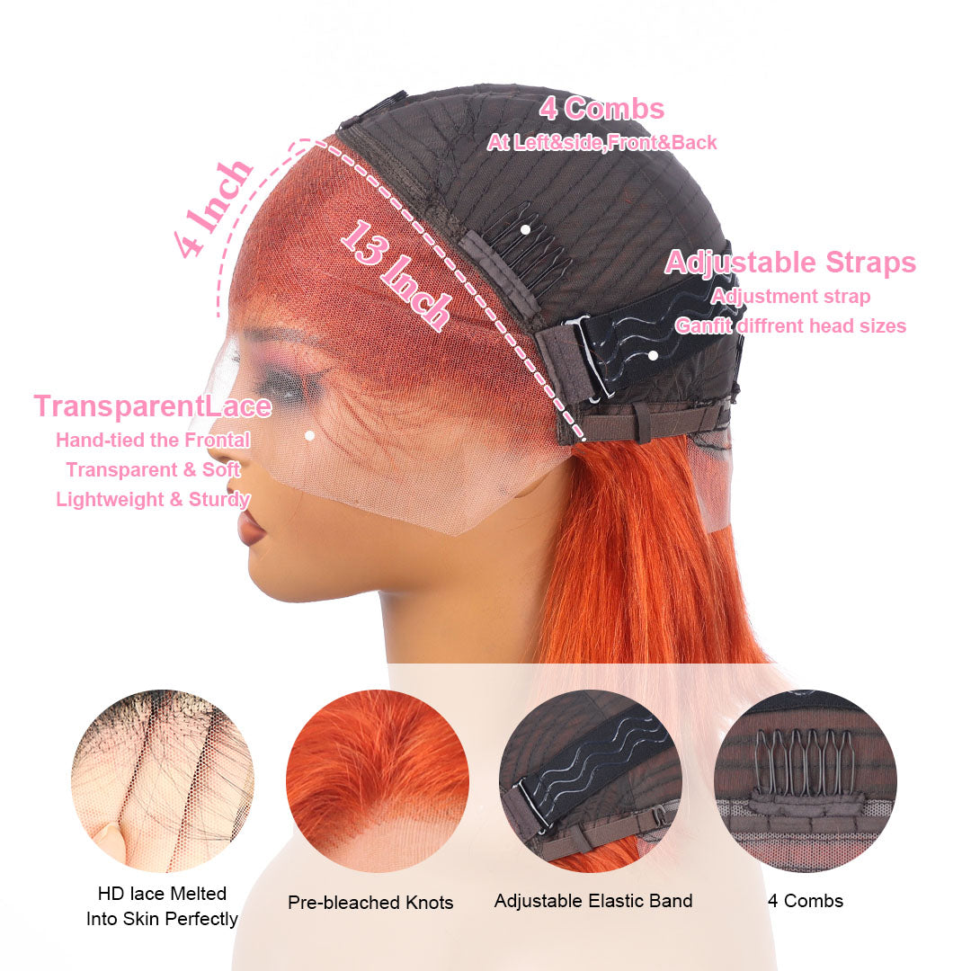 Perruque courte Bob Lace Front Wig 33x10 cm, cheveux humains, coupe au carré, couleur orange roux, ligne de cheveux naturelle, 350 