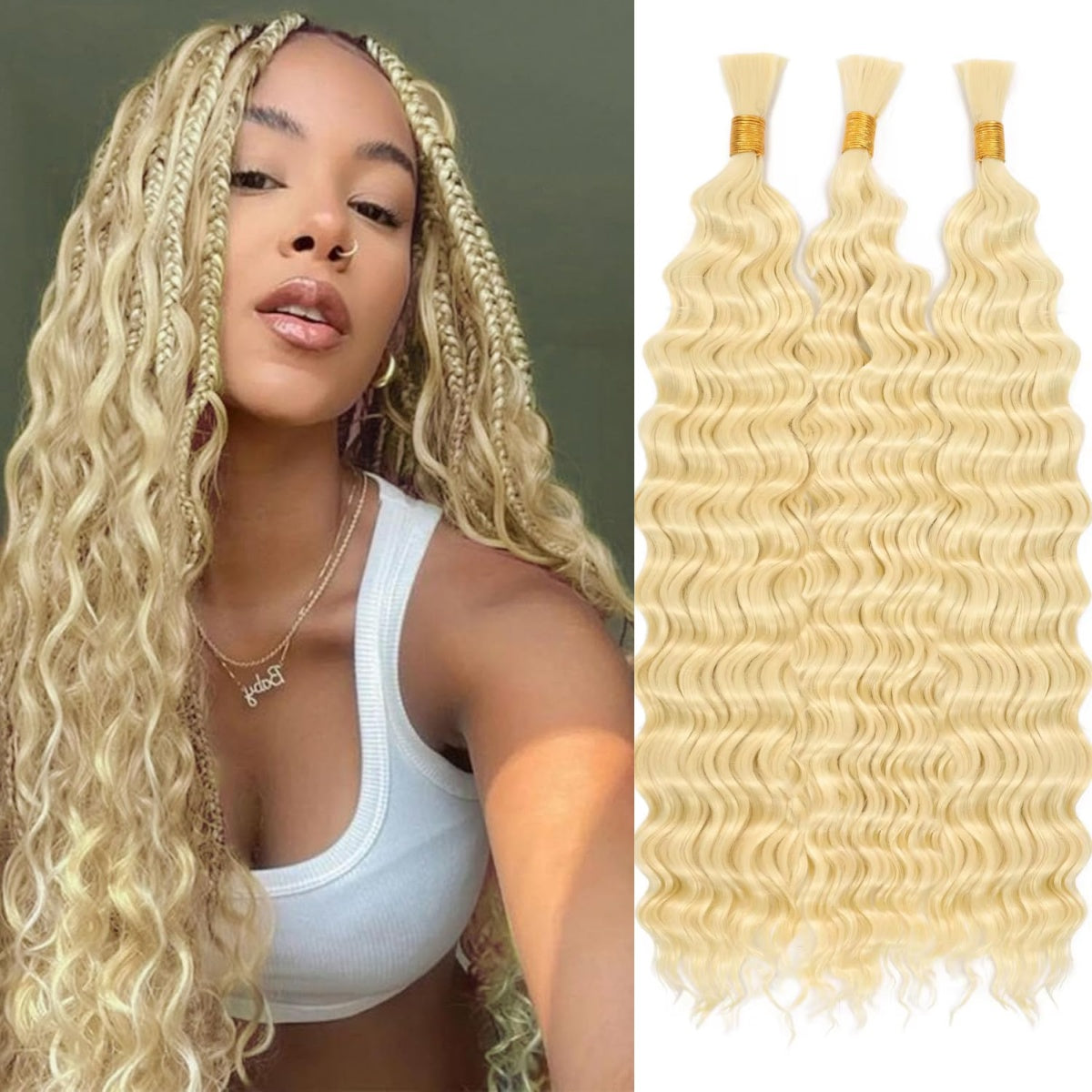 3 Bundle/Pack Boho Braids Human Hair Extensions 613 Blonde Deep Wave Bulk Human Hair For Braiding Bulk Human Hair No Weft Bundle