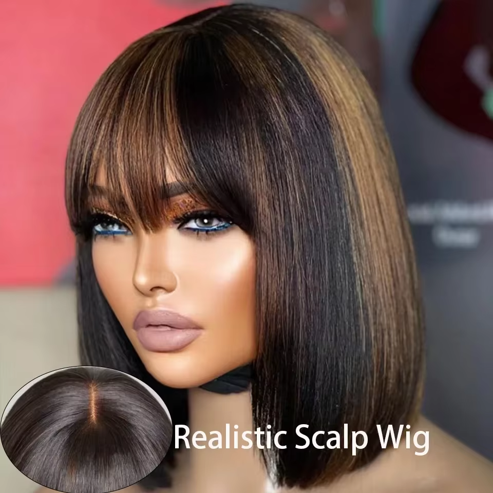 1B/30 Highlight Straight Bob Human Hair Wig With Bangs 10 Inch 2x1 Lace Front Wigs Ombre Color Short Bob Human Hair For Women