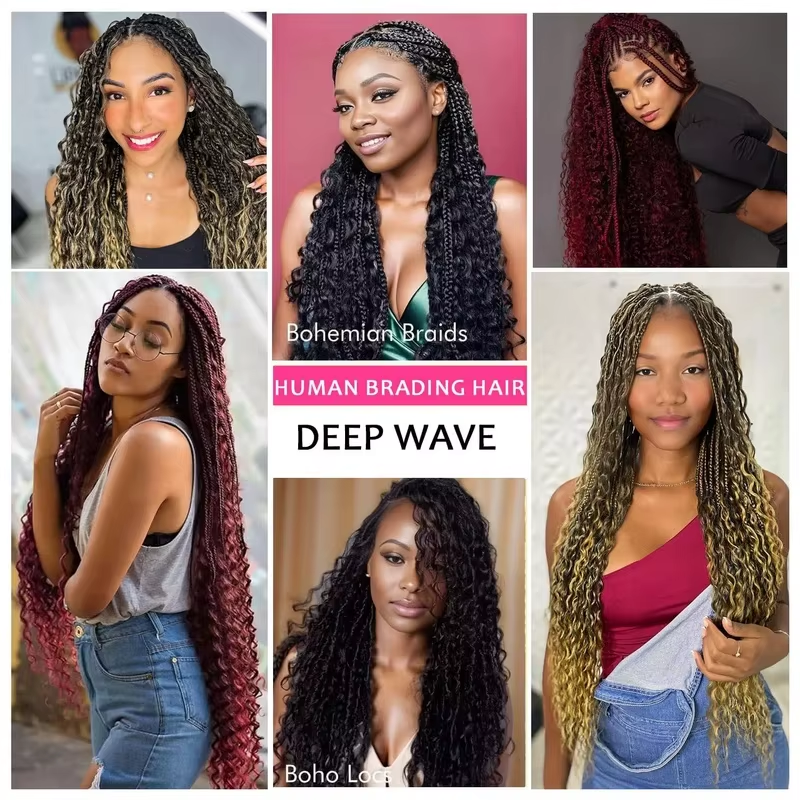 99J Burgundy Human Braiding Hair Deep Wave Bulk, No Weft Curly Braiding Hair Extensions for Boho Braids Wet and Wavy Braiding