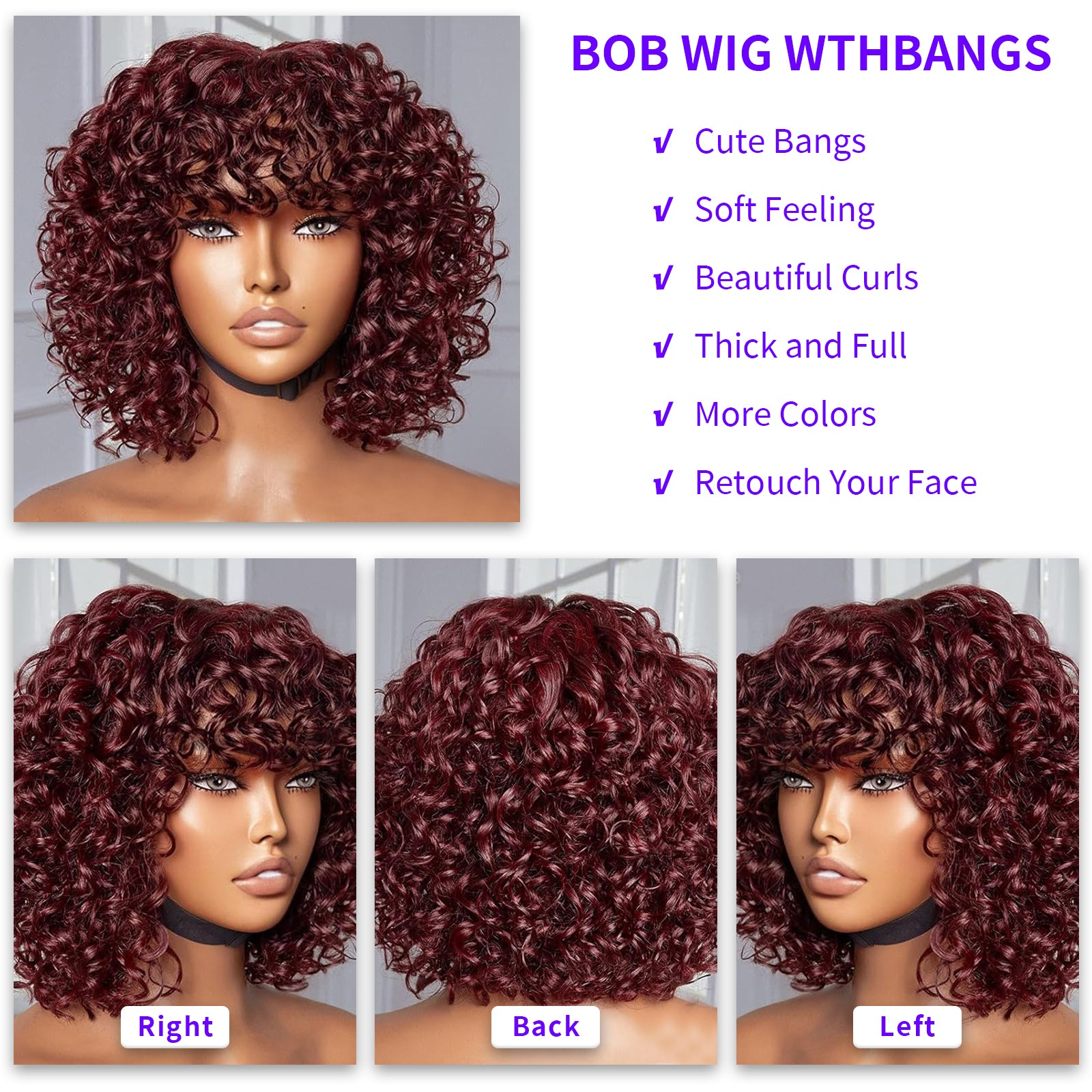 99J Burgundy Red Afro Kinky Fluffy Pixie Cut Short Curly Human Hair Wigs with Bangs Machine Made Real Hair Wigs