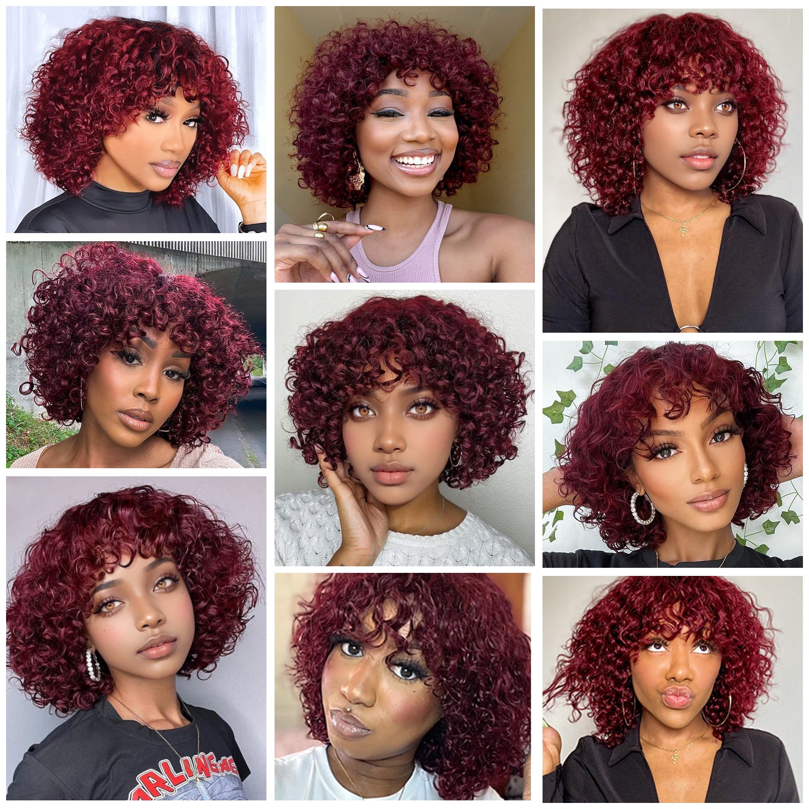 99J Burgundy Red Afro Kinky Fluffy Pixie Cut Short Curly Human Hair Wigs with Bangs Machine Made Real Hair Wigs
