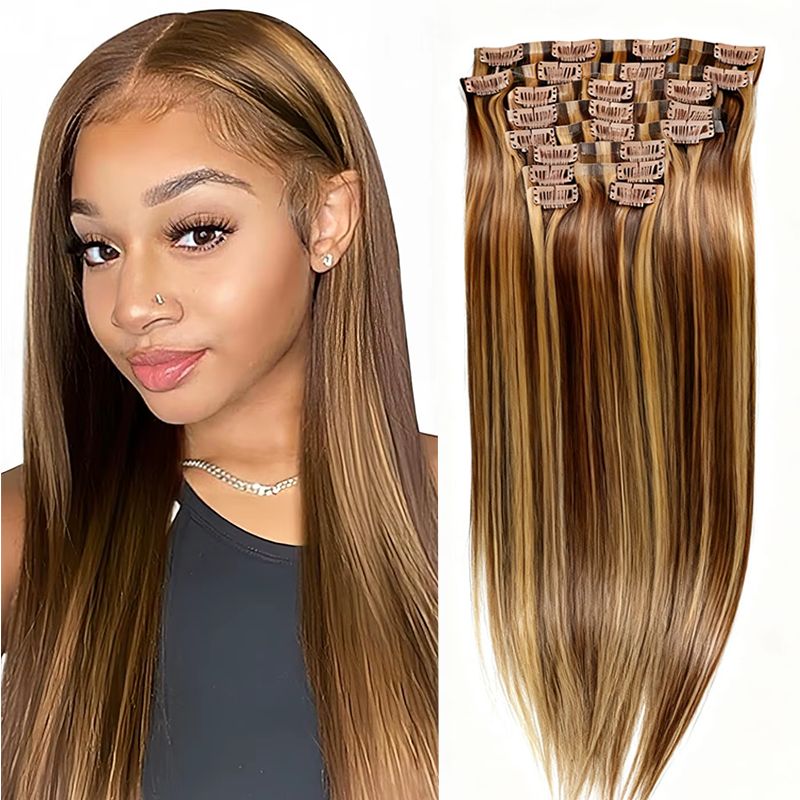 4/27 Highlight Clip in Hair Extension Human Hair 12A Human Hair Long Straight 22inch Clip in Extensions Human Hair