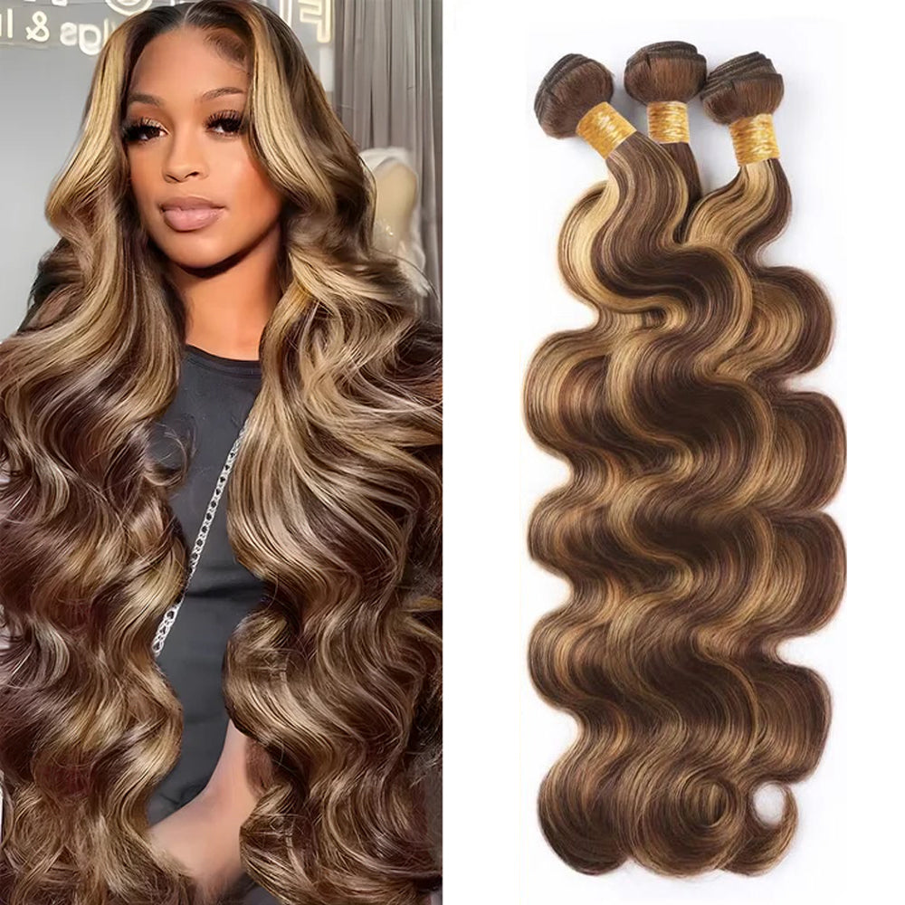 Rovess 16-30nch 4/27 Highlight Body Wave Hair Bundles Virgin Brazilian Hair Weave 3 Bundles