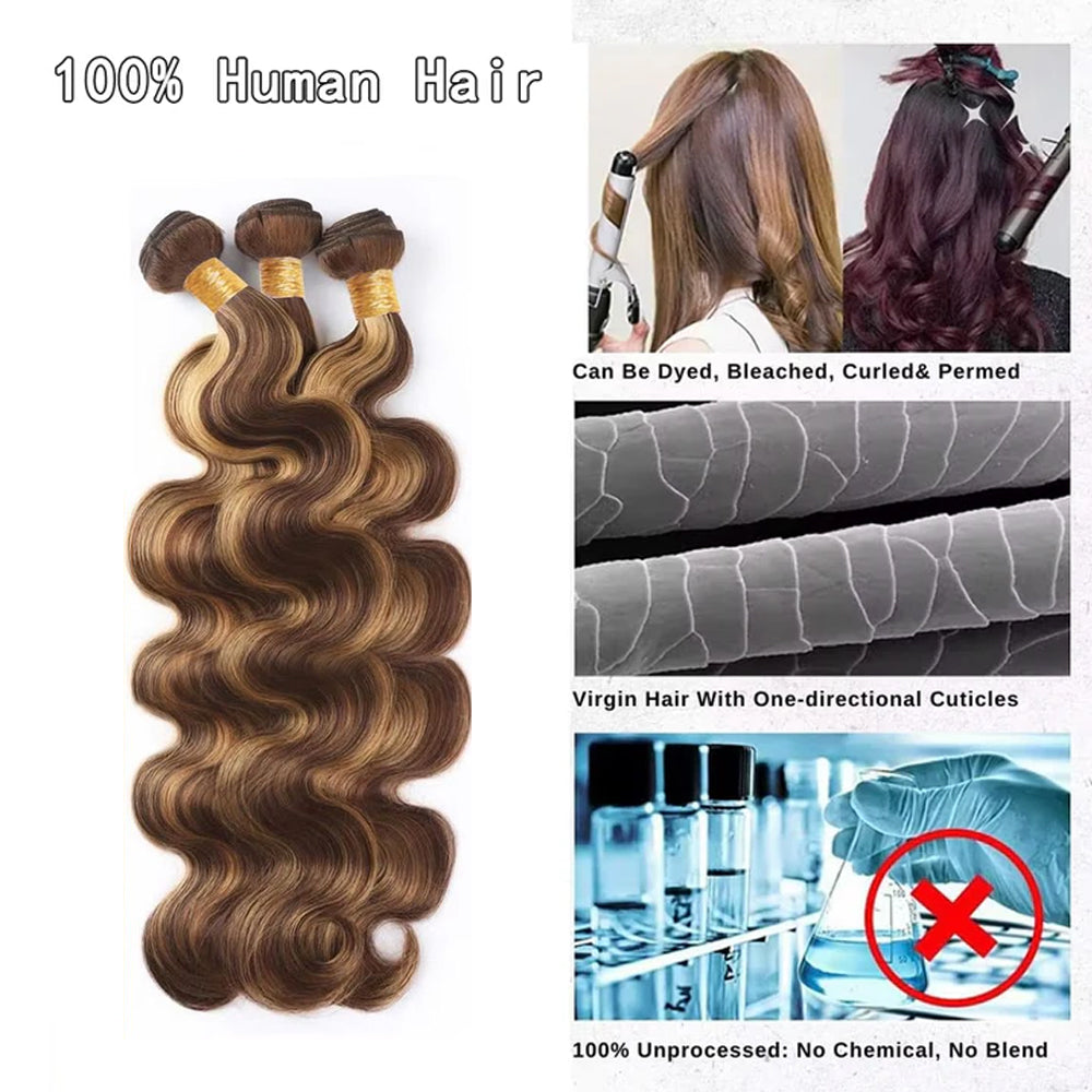 Rovess 16-30nch 4/27 Highlight Body Wave Hair Bundles Virgin Brazilian Hair Weave 3 Bundles