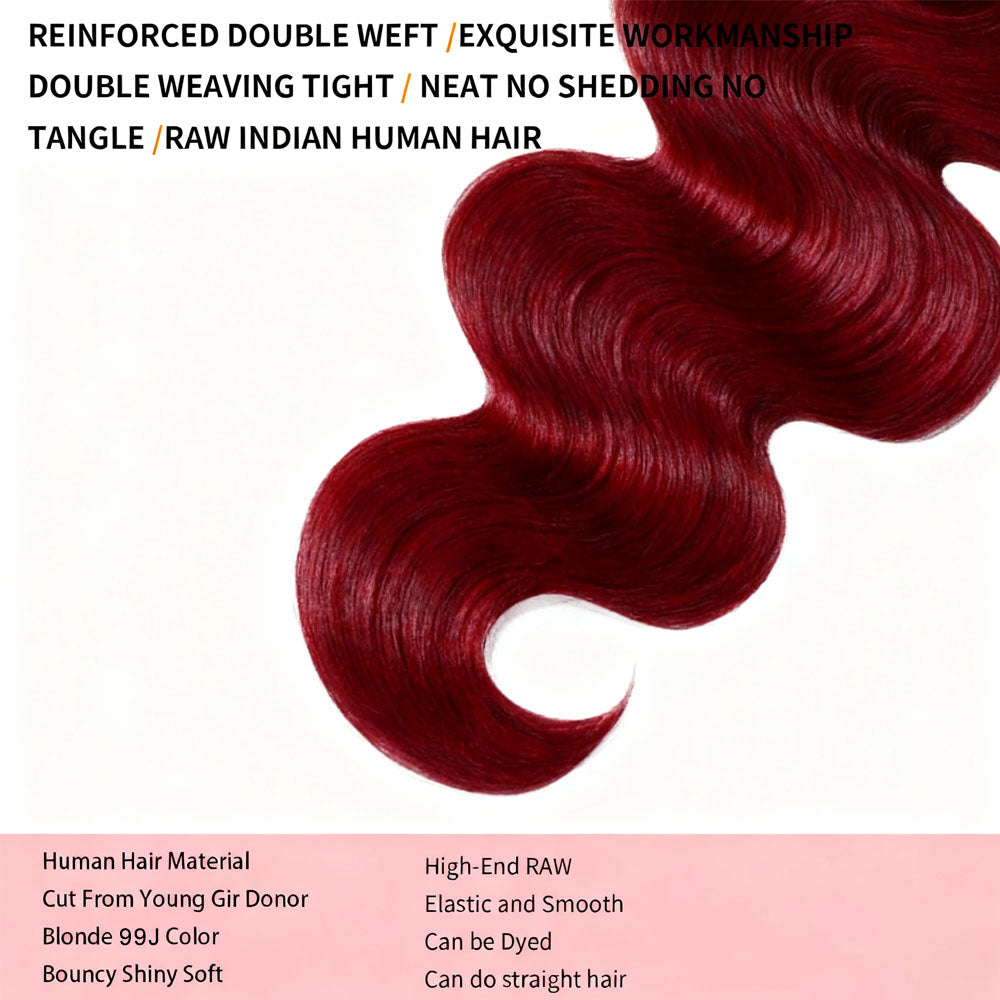 100% Real Human Hair Virgin Peruvian 99J Burgundy Body Wave Bundles – 16–34 Inch, 4-Pack Luxury Set, Silky & Full, 80–100g Each, Bold & Vibrant Wine Red Color