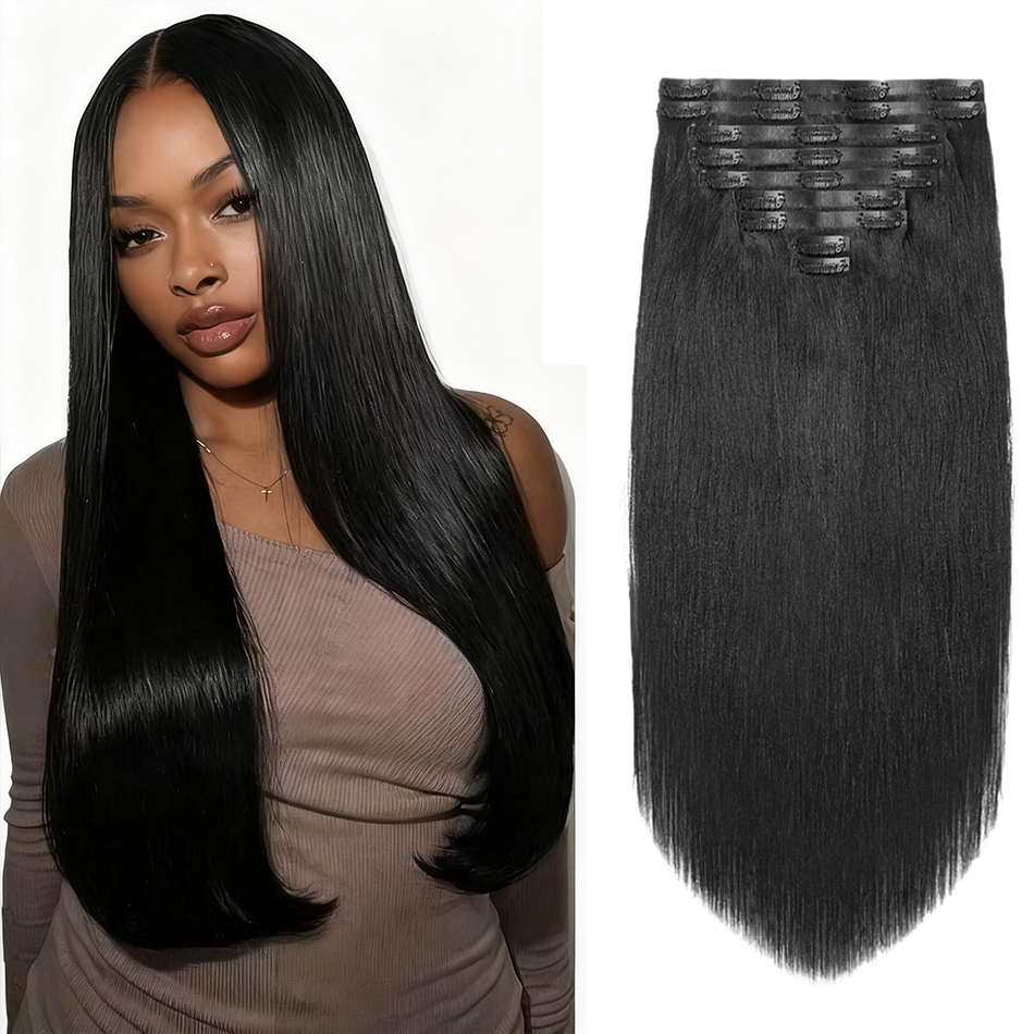 #1B Clip In Hair Extensions Real Human Hair 100% Remy Straight Human Hair Extensions For Fashion Women 8pcs Natural Black