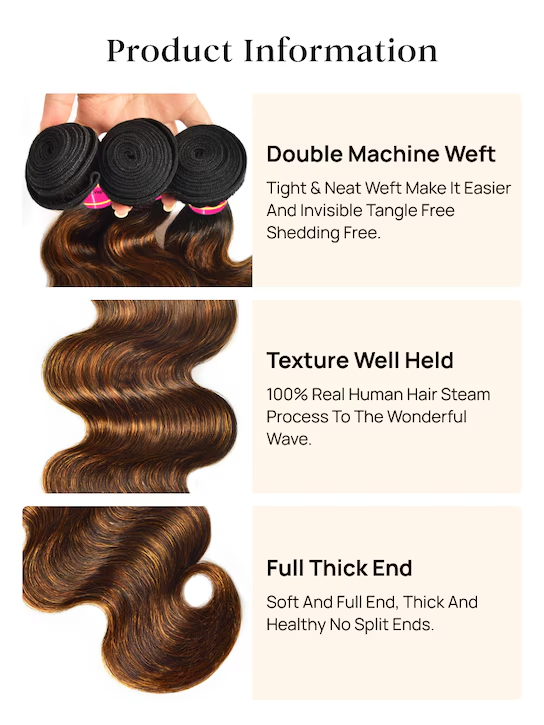 Rovess 16-30Inch 4/27 Highlight Body Wave Hair Bundles Virgin Brazilian Hair Weave 4 Bundles