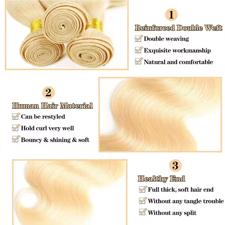 Tissage brésilien vierge Body Wave blond 613 Rovess de 40 à 76 cm, lot de 4 