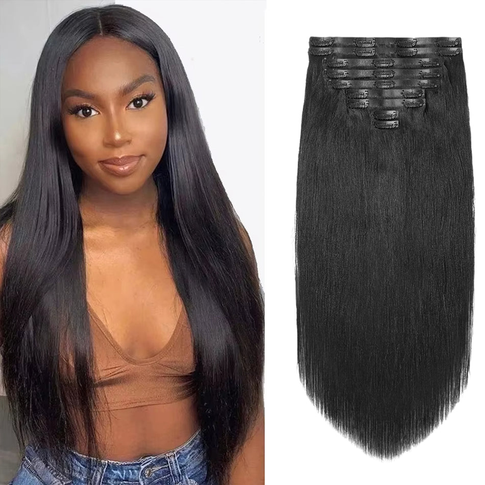 #1B Clip In Hair Extensions Real Human Hair 100% Remy Straight Human Hair Extensions For Fashion Women 8pcs Natural Black
