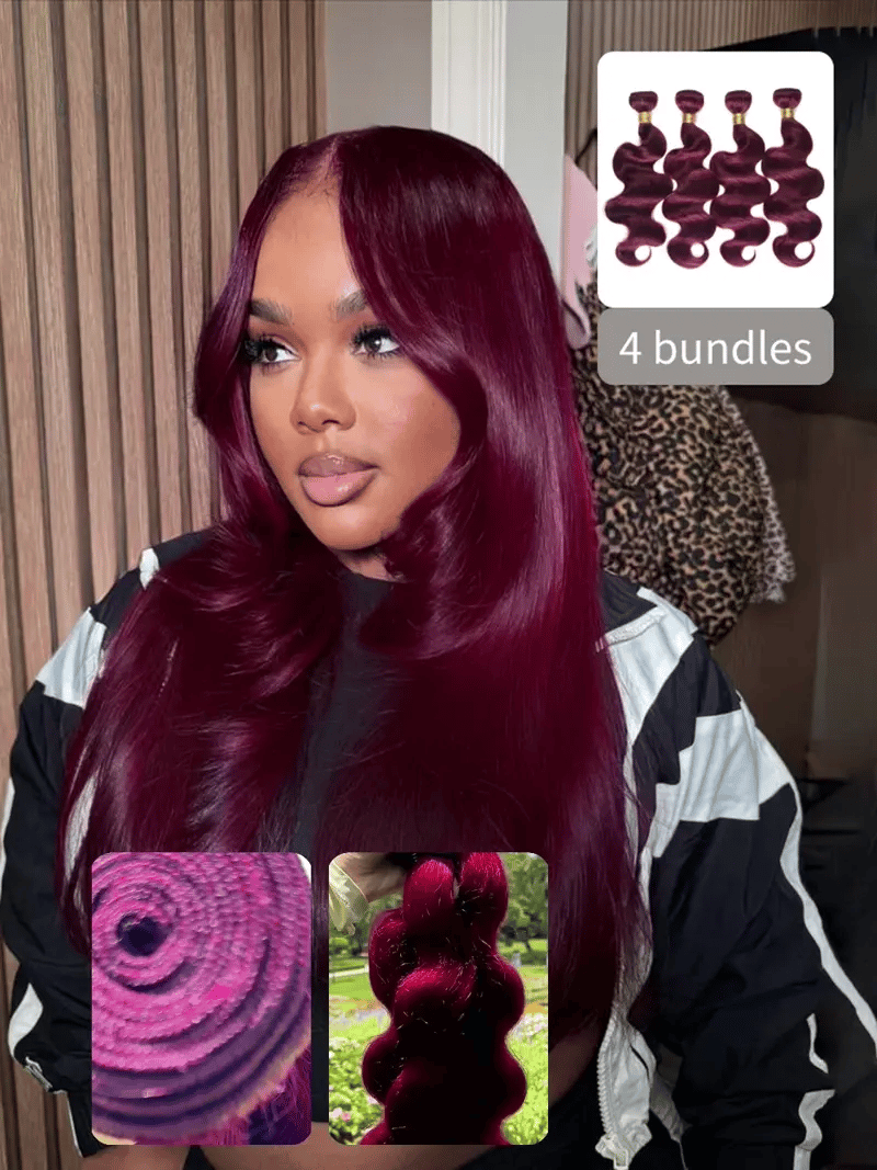 Cheveux humains ondulés Rovess 30 30 30 30 pouces 99j rouge bordeaux, lot de 4 