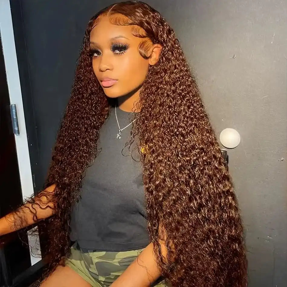 34 Inch Chocolate Brown Deep Wave Lace Front Wigs Human Hair 13x4 Lace Frontal Wigs Curly Human Hair Brown Wig Pre Plucked