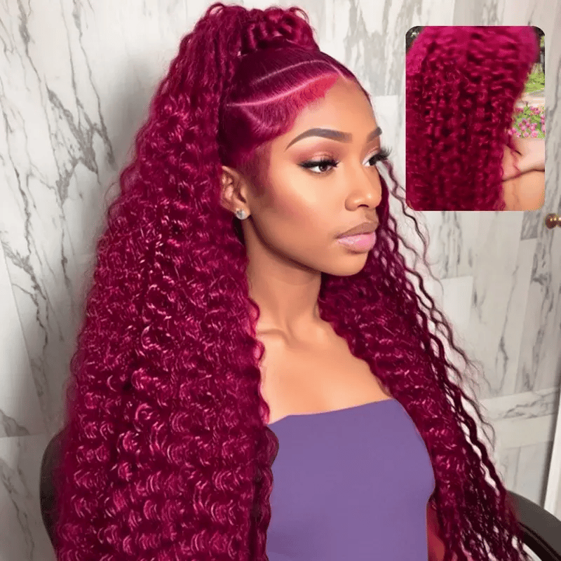 30 Inch 99j Burgundy Lace Front Wigs Human Hair Deep Wave 13x6 Lace Frontal Human Hair Wigs 99j Red Curly Wet And Wavy Wig﻿